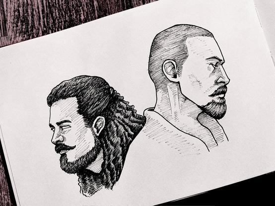 A drawing of two men standing with their backs to each other, looking pensive.