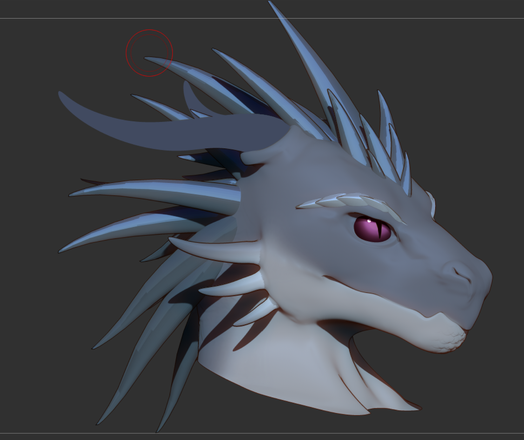 A bust of a dragonborn male with slate and white skin, gray blue horns and magenta eyes with a slit pupil