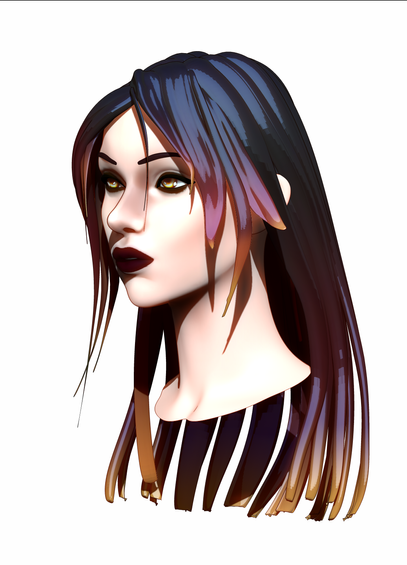 A pale woman with deep red stained lips, yellow and orange eyes and hair with a black, red and bright orange gradient