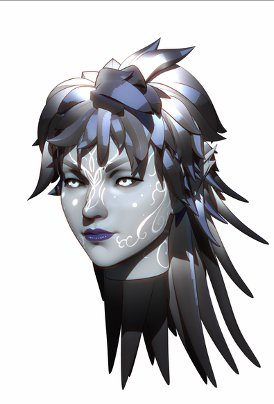 An elven woman with gray skin, elaborate white tattoos on her face, black hair with white roots and blue eyes with black sclera.