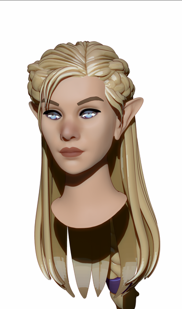 A half elven woman with partially braided blond hair and violet eyes.