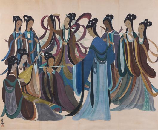 10 female figures (7 standing, 3 seated or kneeling) play stringed instruments and flutes. They are depicted in a flowing, graceful manner, with well defined curving lines. Clothing is mainly browns and blues.