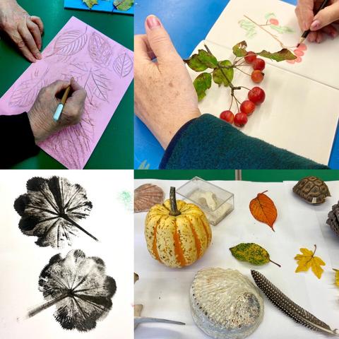 ID: square image made up of 4 photos: 1. leaf rubbings on pink paper 2. drawing red crab apples onto a white sketchbook page 3. black prints from a rounded leaf 4. A yellow gourd, deer skull and other natural objects on a table