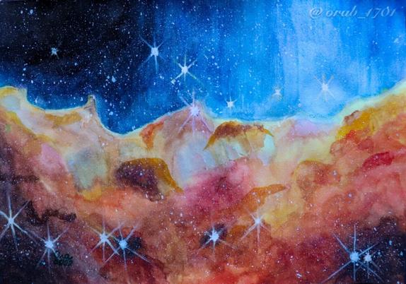 watercolour painting of the carina nebula based on the james webb image.