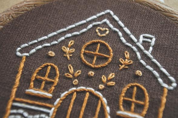 Closeup of a hand embroidered gingerbread house on brown fabric.