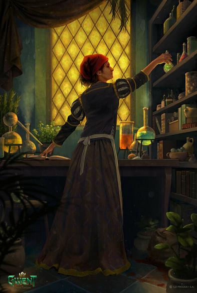 By Aleksandra Wojtas, a digital painting of a woman standing in a dark alchemical workshop. She reaches for a bottle containing a mysterious liquid.