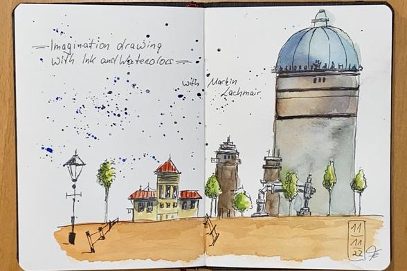 Aquarellskizze einer einfachen Stadtlandschaft mit einem großen fast fensterlosen Kuppelbau auf der rechten Bildseite, zwei kleineren Türmen und einem zweiflügeligem Haus. Im Vordergrund eine Straßenlaterne, Zäune und Bäume.
Handschriftlicher Text: Imagination drawing with ink and watercolour with Martin Lachmair.