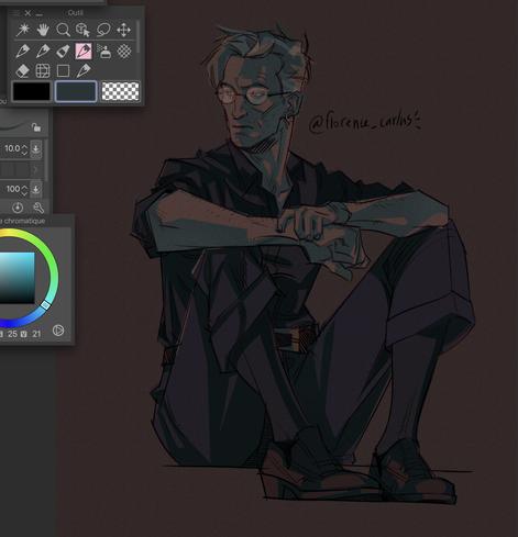 Digital drawing; my character Adrian (roughly 50yo, white man with short blond hair that are graying at the temples, stubbles, light eyes, wearing oval glasses, thin lips and eyebrows) looking moody and away from the camera, sitting on the floor, one elbow on each knee, grasping his left wrist with his right hand, dressed in dark blue pants+shirt+socks, wearing a silver earring, a brown belt with a golden buckle and brown shoes.