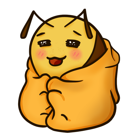A happy cartoon bee, snug and bundled up in a blanket.