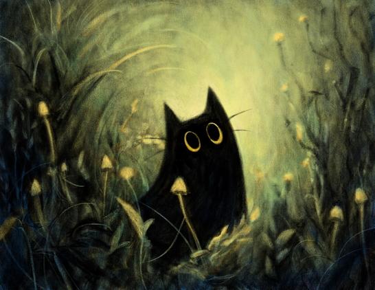 A digital illustration, done in a colored pencil style, of a black cat peeking out through grass and foliage.
