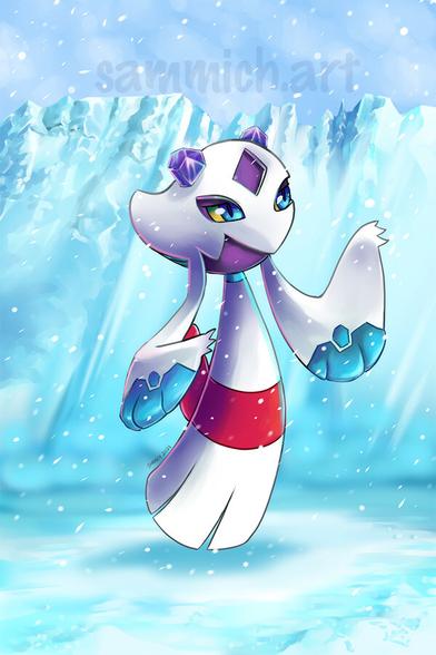 A digital illustration of the pokemon Froslass on an icy terrain.