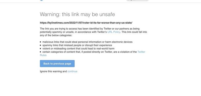 Twitter warning about ‘potentially spammy’ Byline Times article