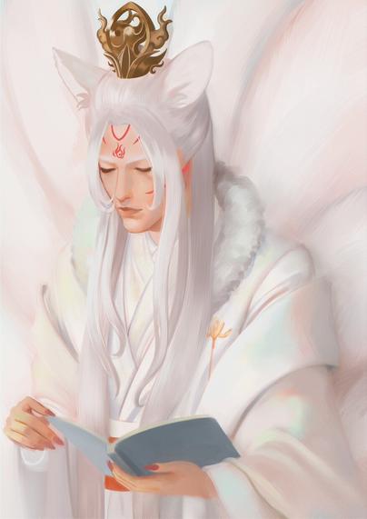 A white haired man with fox demon ears and tails, Rong Bai, is reading from a non-descriptive tome with cool grey blue cover. He has ancient Chinese style crown piece with a flame motif.