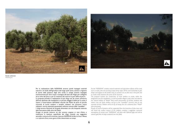 wooden hanging shelters; shelters are hanging from olive trees; day and night views