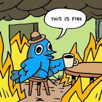 Bird app sitting at table room on fire. Saying this is fine.  Like that dog meme saying it.