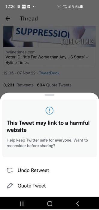 Twitter blocking our headline Voter Suppression article and describing Byline Times as ‘harmful’