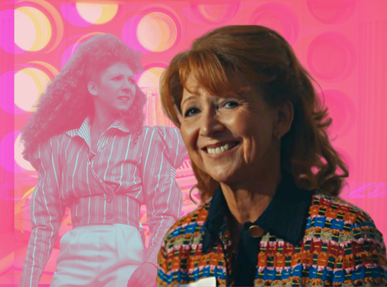 Mel as she is now, 60s, red hair, knitwear multidcoloured cardigan, and behind her, graded pink, Mel in her 20s, in a structured, stripey, wraparound top with big shoulders, and huge curly hair. Behind her are the roundels of the 80s TARDIS console room.