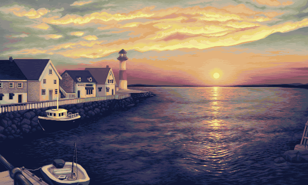 A small fishing town at sunset, the sun reflecting in the ocean surface that is taking up most of the frame.