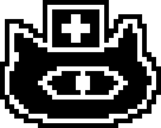 pixel art: black background, simple cat with a nurse hat lined in white. the cat only has one large eye in the middle of its face and no other facial features.