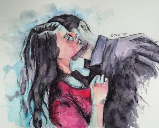 Couple embracing.  Watercolor painting.