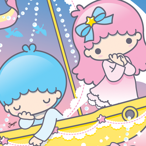 Illustration of Sanrio's Little Twin Stars, Kiki and Lala - blue and pink haired chibi figures in a yellow sailboat.