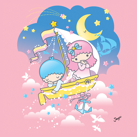 Illustration of Little Twin Stars - blue and pink haired chibi figures in a yellow sailboat floating above clouds in night sky, with the design laid on baby pink background.