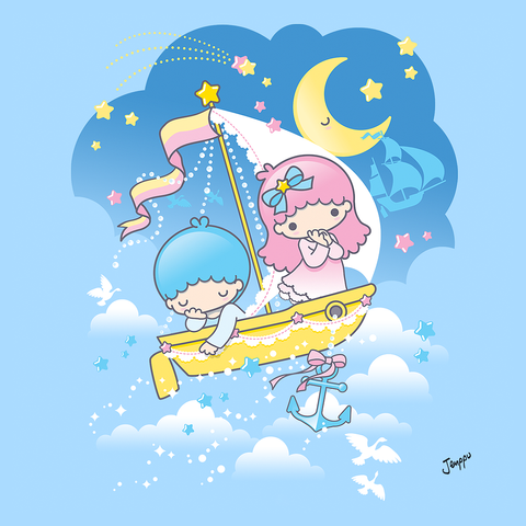 Illustration of Little Twin Stars - blue and pink haired chibi figures in a yellow sailboat floating above clouds in night sky, with the design laid on baby blue background.