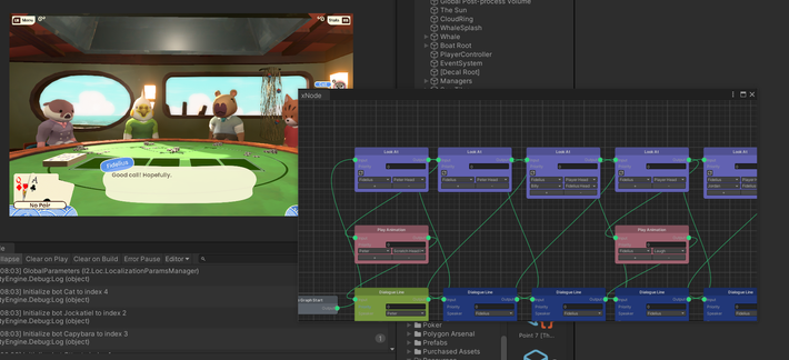 A set of cute characters sit around a table in a screenshot of the Unity editor, which also displays a visual scripting interface for the game's cutscenes.