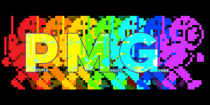 The full PMG banner, "P M G" large with "People Making Games" small over the wide Astro spectrum