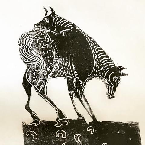 Monotype black and white print of a two headed horse using decorative marks.