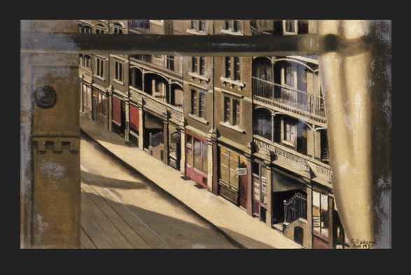 A painting of an empty city street, sun shine breaking through the roof line.