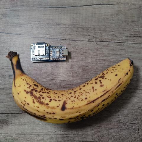 Assembled TinyCPM board displayed with a banana for scale.