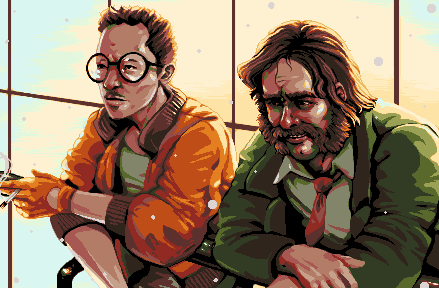 The two main characters of Disco Elysium leaning over the railing of the game's hotel's balcony.