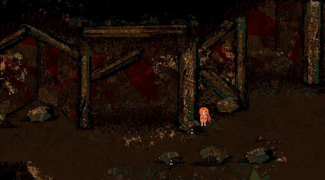 A mine with rough timbers and stones.