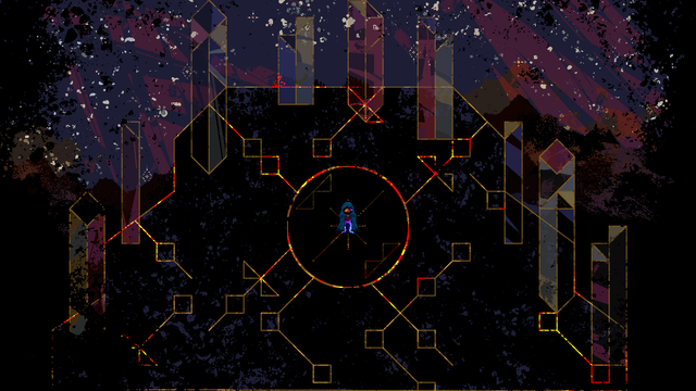 A dark platform with glowing ruins and towering crystals set against a star filled sky.