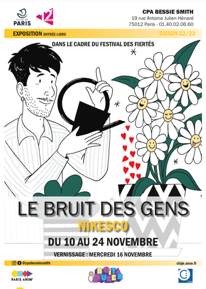 Affiche de l'exposition de l'artiste Nikesco dans le cadre du festival des Fiertés. Le vernissage sera accompagné de la lecture de contes pour enfants par les artistes drag queen du collectif les Paillettes