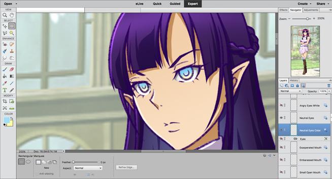 Screencap: Photoshop workspace with a nearly finished illustration of an elf with dark purple hair and pale blue eyes.