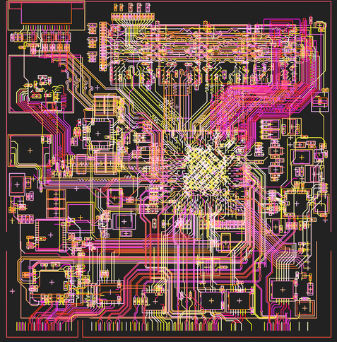Render of PCB traces in pink and yellow.