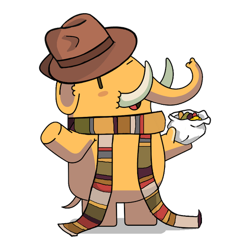 The Mastodon mascot of friendly cartoon mastodon only adapted to be wearing the long stripey scarf and brown fedora of the Fourth Doctor from Doctor Who, while holding a paper bag of jelly babies.