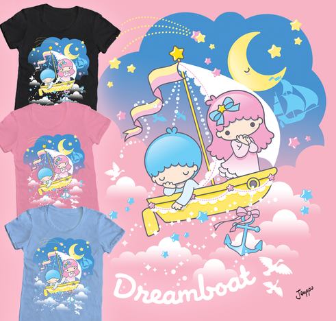 Mock-ups of T-shirts with a Little Twin Stars design - blue and pink haired chibi figures in a yellow sailboat floating above clouds in night sky, with the caption "Dreamboat".