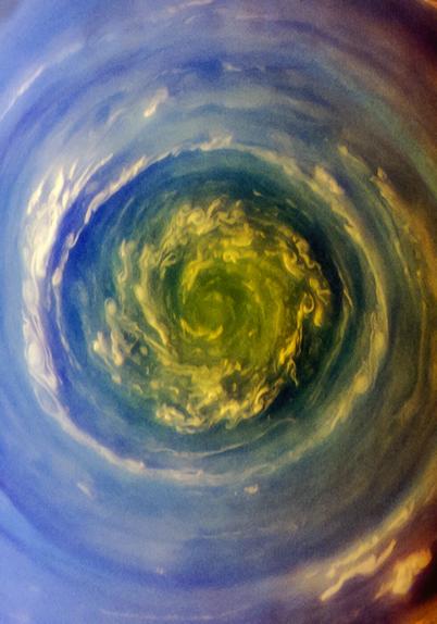 Saturn's northern vortex in natural color (contrast boosted)
