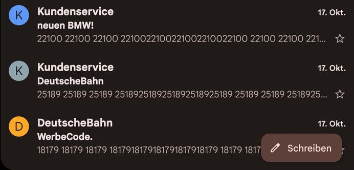 Screenshot vom Handy, worauf man 3 Spammails sieht.