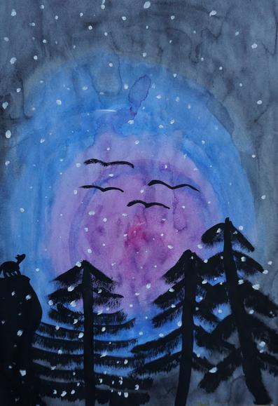 Bild in Malkastenfarbe: Bäumsilhouetten vor Winterhimmel als Farbverlauf mit Schneeflocken