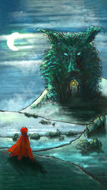 An illustration of a red-cloaked figure looking across a foggy valley toward a surrealistic forest in the shape of a wolf's head.  In the maw of the forest is a glowing light and a tiny house.  The atmosphere is foggy and chilly, and a crescent moon hangs in the sky partially obscured by clouds.
