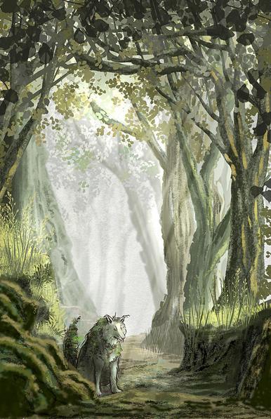 An illustration of a forest path with a wolf sitting in the middle of it.  The forest path is craggy, grey, and a bit overcast as it disappears into the distance.  The wolf looks like it is half stone, half plant.