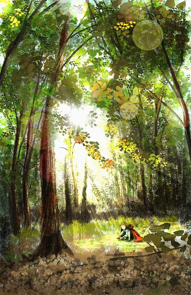 An illustration of a sunlit forest with a little girl in a red cloak stopping down to pick some flowers and a sunbeam.  The light is behind the forest, blotting out some leaves and creating atmospheric bokeh light effects.
