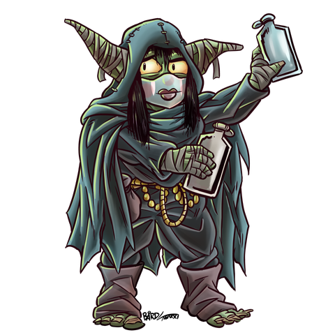 Nott from Critical Role, a goblin girl wearing a hooded cloak and a mask to hide her face.
Looks like she's stealing or swapping around some flasks.