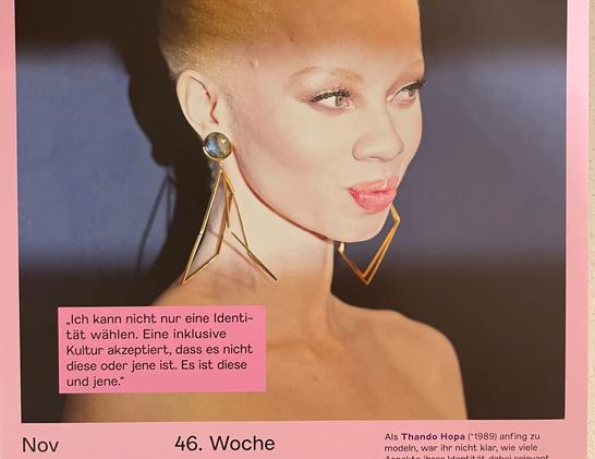 Picture of Thando Hope (Missy Magazine calender). Quote on intersectionality and inclusion.