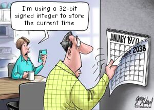Comic, woman reading aloud from phone “I'm using a 32-bit signed integer to store the current time” whole man is removing calendar page for Dec 2038 revealing next page Jam 1970