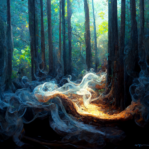 Strange smoke drifts through a magical forest.
